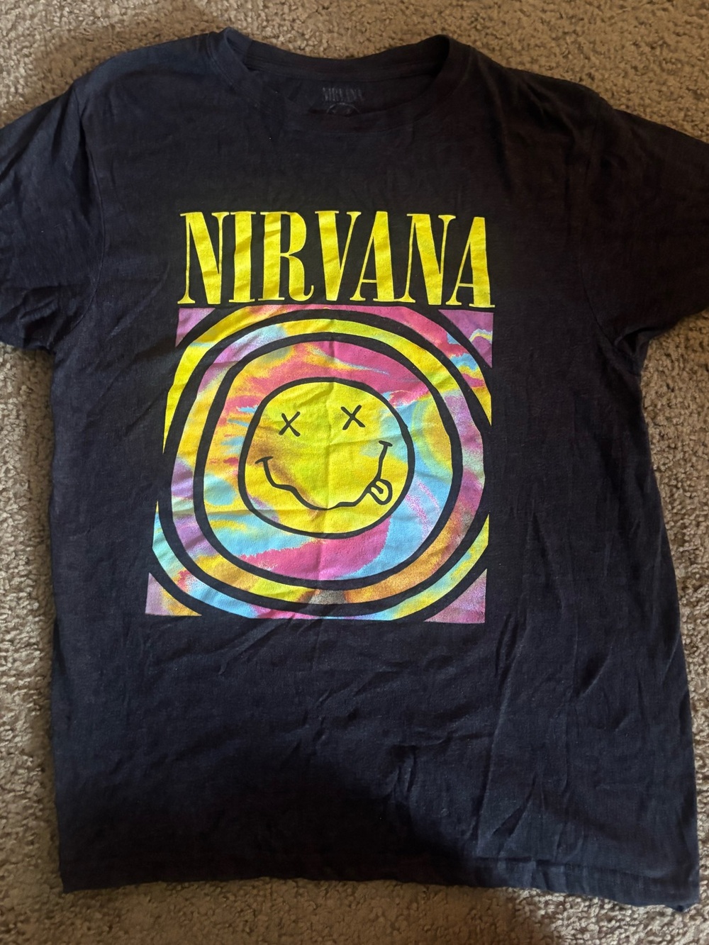 NIRVANA Black Tee with Yellow Logo and Multicolor Tie-Dye Smiley